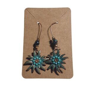 Turquoise Copper Tone Sunflower Drop Earrings Rhinestone Beach Boho Core Gift